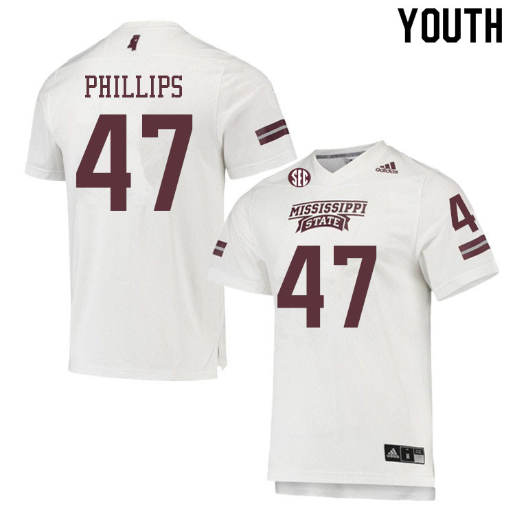 Youth #47 Tre Phillips Mississippi State Bulldogs College Football Jerseys Sale-White - Click Image to Close